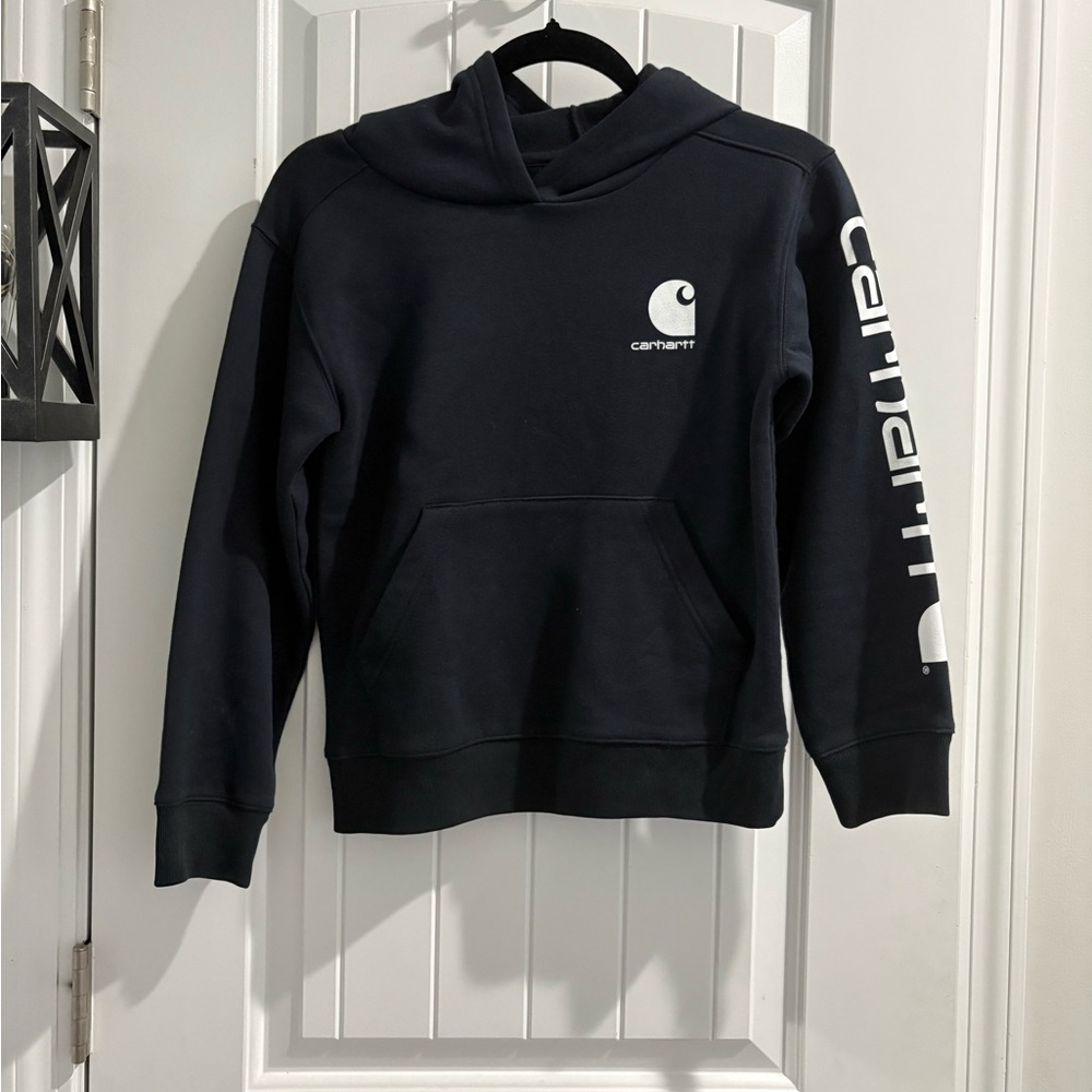 Carhartt Kids Black Crewneck Hoodie with White Logo Sleeve Size Small 8-10